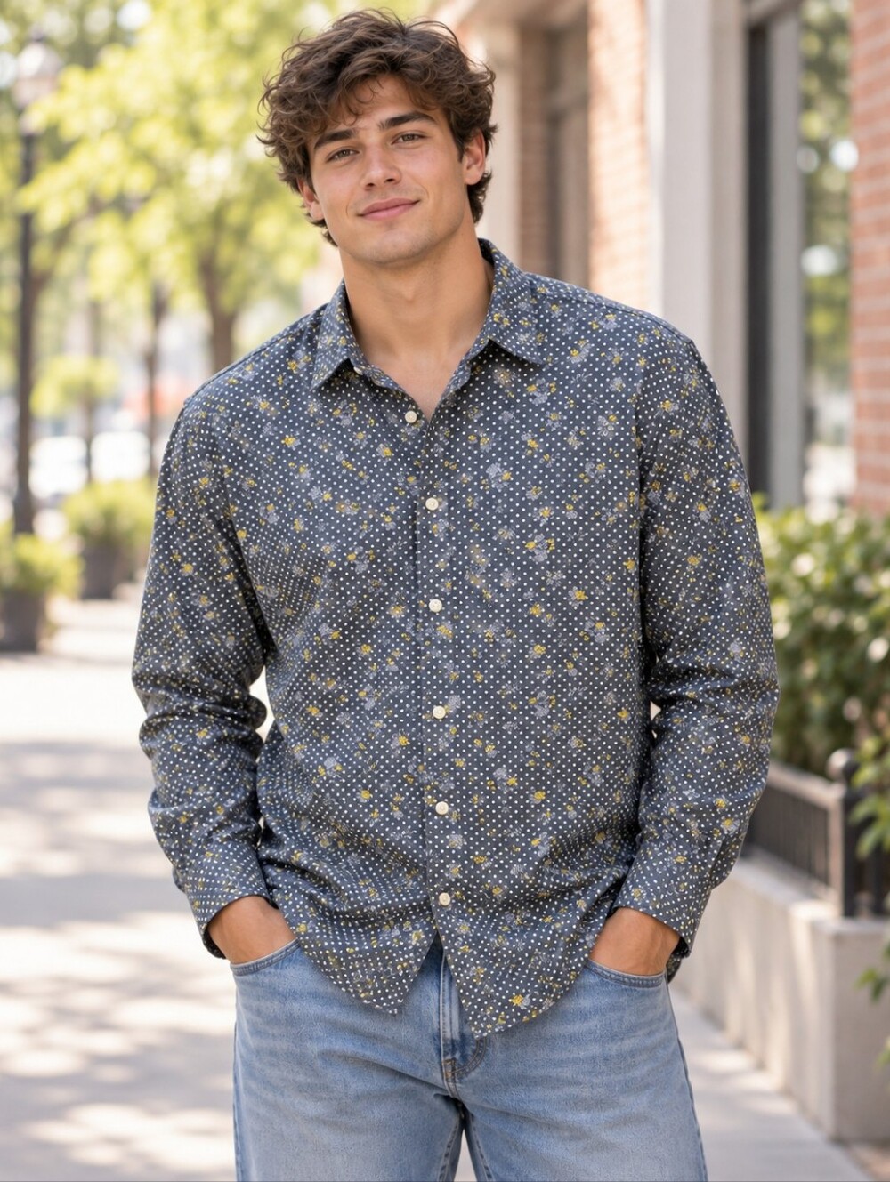 PRODUKT men’s long sleeve button-down shirt charcoal Floral Design Polka Dot XXL